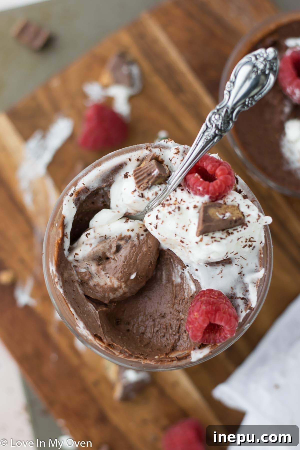 Rich and creamy vegan chocolate peanut butter pudding in a serving dish