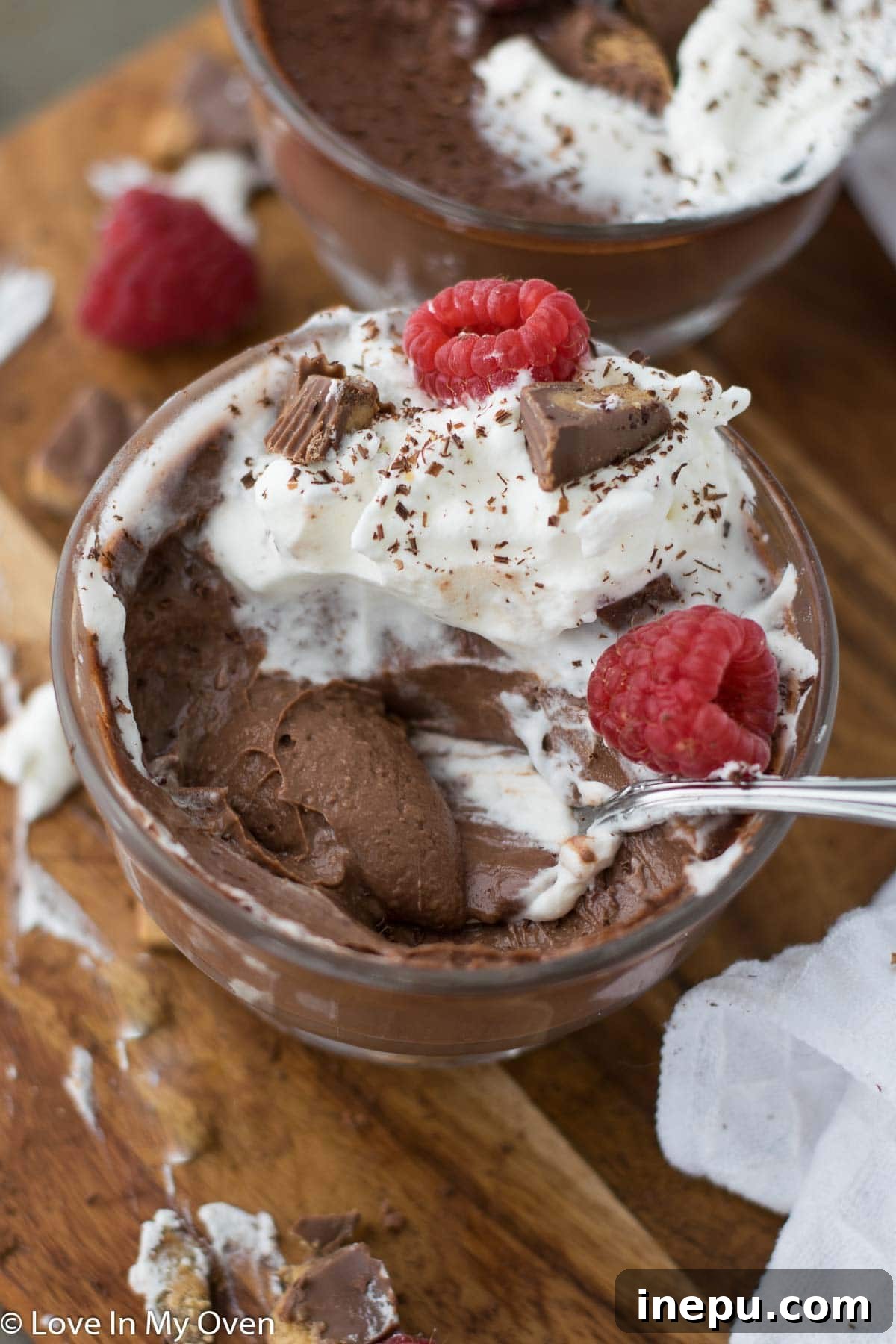 Close-up of vegan chocolate peanut butter pudding with toppings