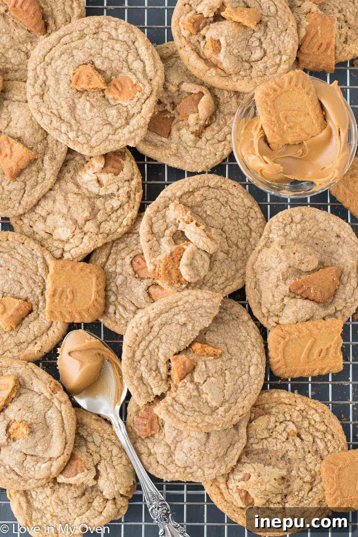 Freshly baked cookie butter cookies cooling on a wire rack
