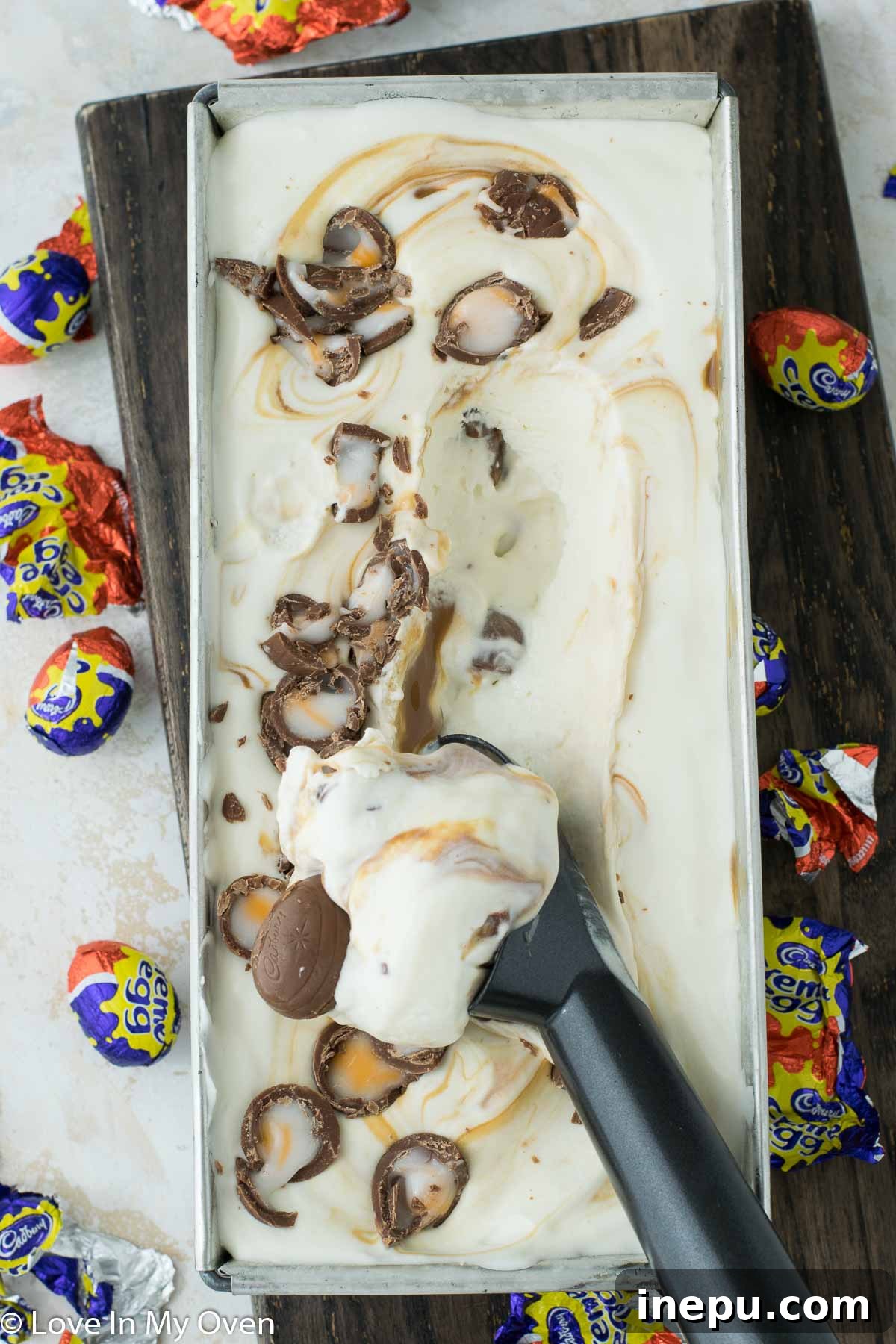 Silky Smooth Crème Egg Ice Cream 2 Homemade No Churn Crème Egg Ice Cream, a delicious post-Easter dessert made with minimal effort and no ice cream maker.