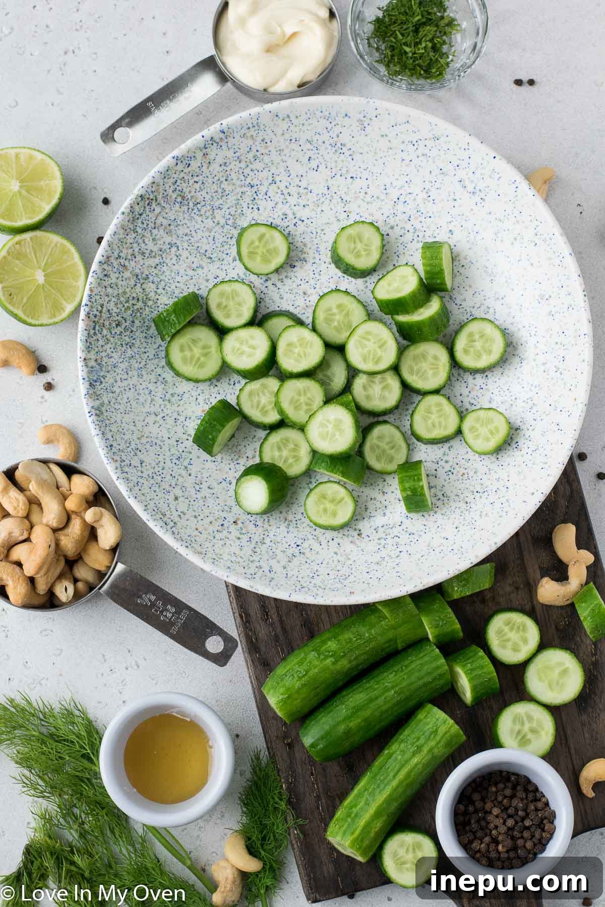 Fresh Ingredients for Your Dill Cucumber Salad cashew dill cucumber salad ingredients laid out, showcasing fresh produce and pantry staples