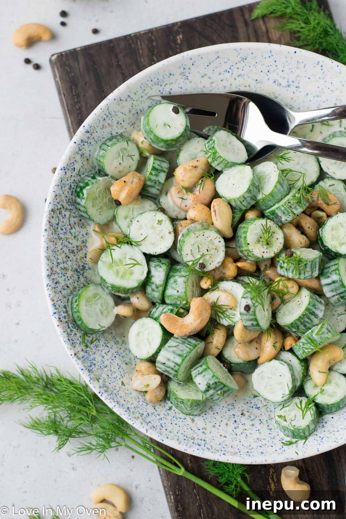 Creamy and Delicious Cucumber Salad close-up of cashew dill cucumber salad, showing creamy texture and crisp ingredients