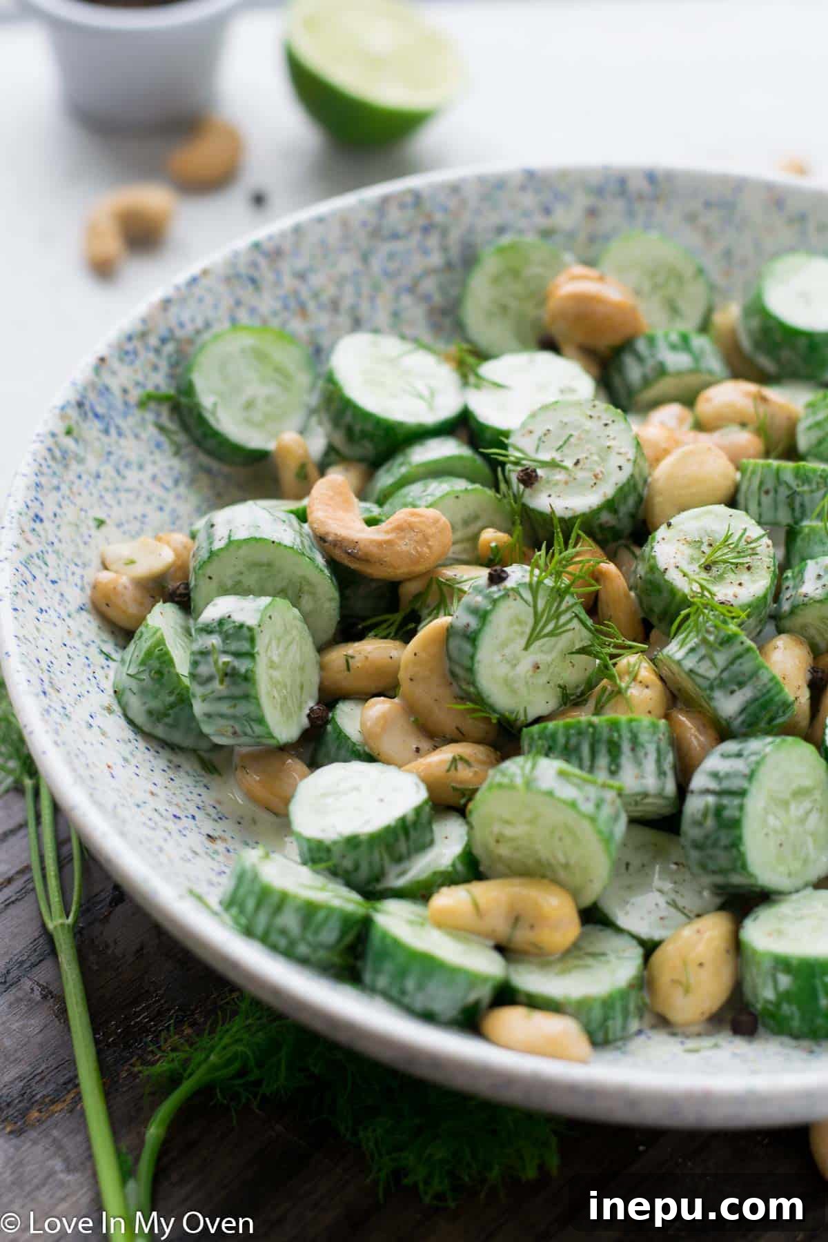 A Close-Up of Flavor and Texture cashew dill cucumber salad close up, showcasing its creamy texture