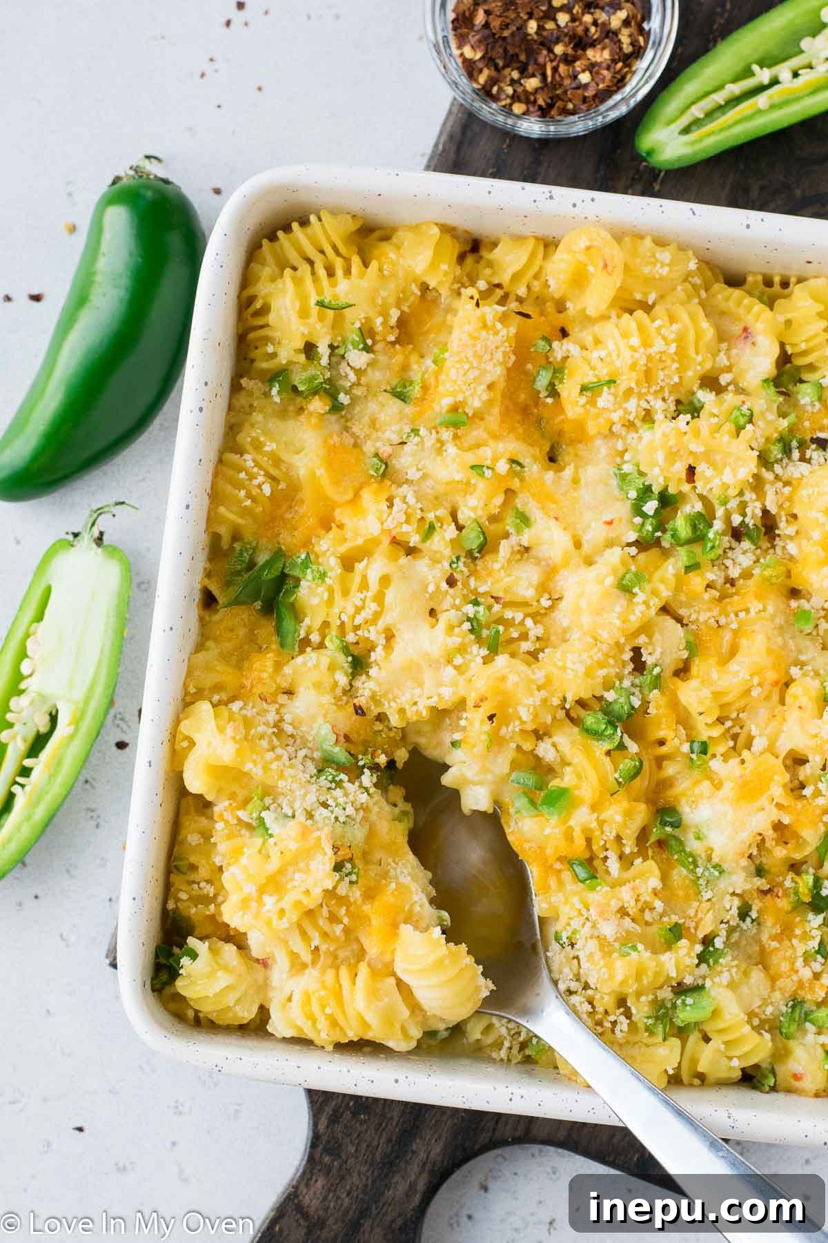 Jalapeno Zing Mac 2 Creamy baked jalapeno mac and cheese with a golden crust