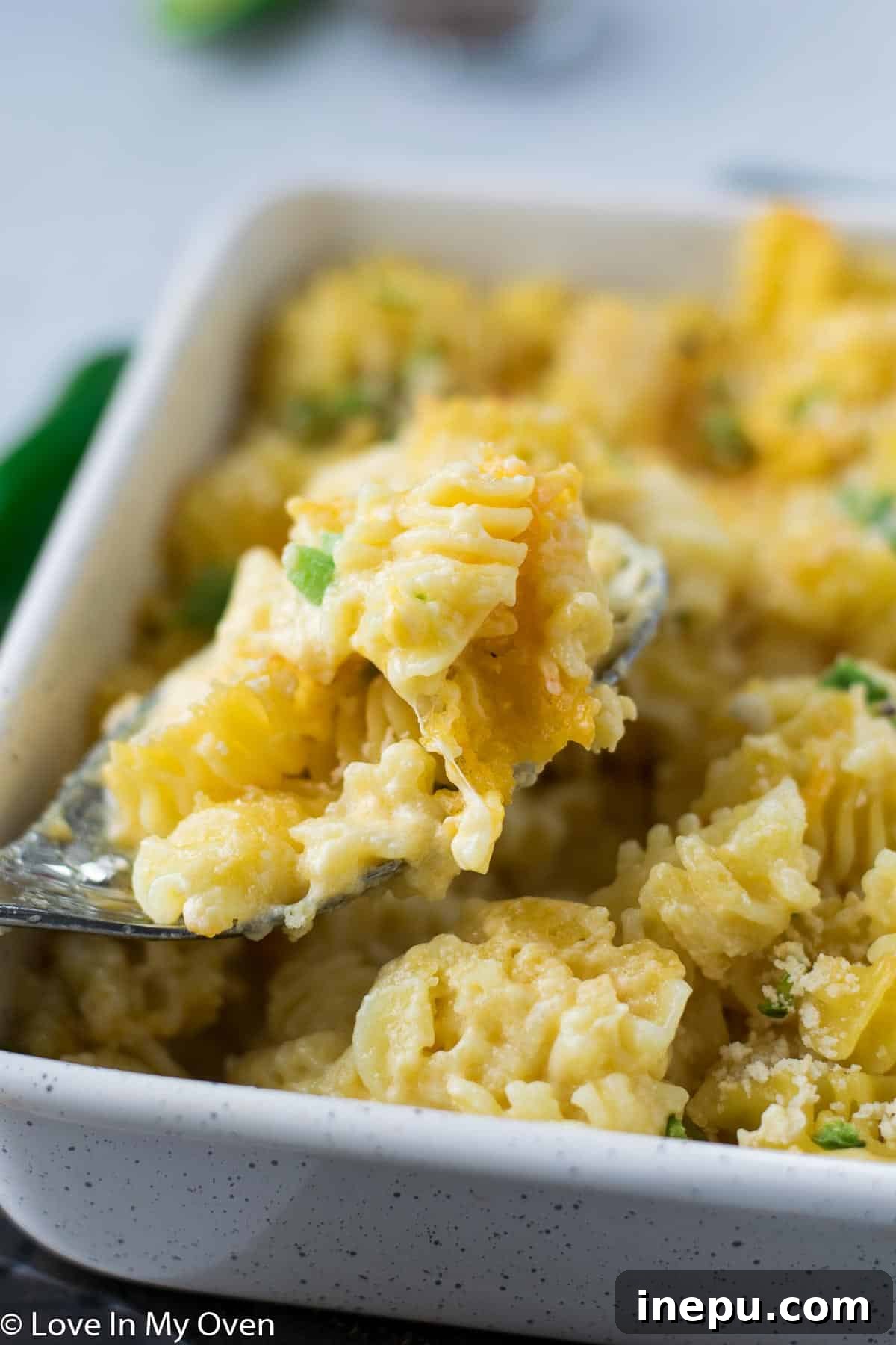 Jalapeno Zing Mac 8 Generous serving dish of jalapeno mac and cheese on a table