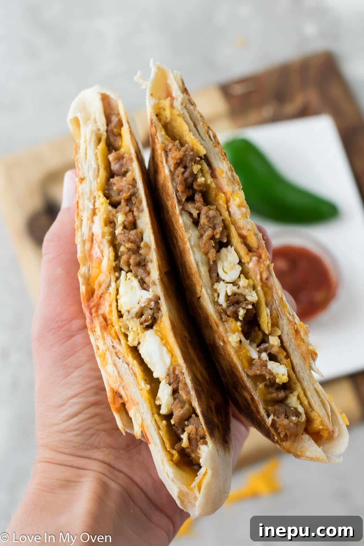 Sunrise Crunchwrap 13 Close-up of a breakfast crunch wrap cross-section