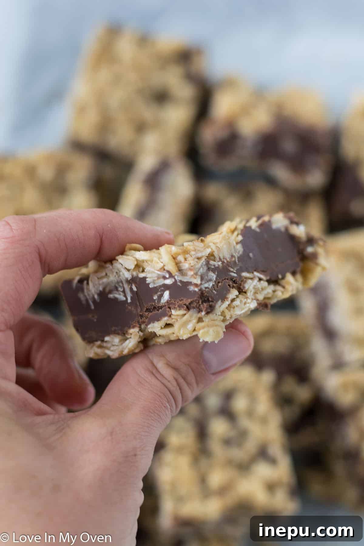 Another view of oatmeal fudge bars on a serving plate