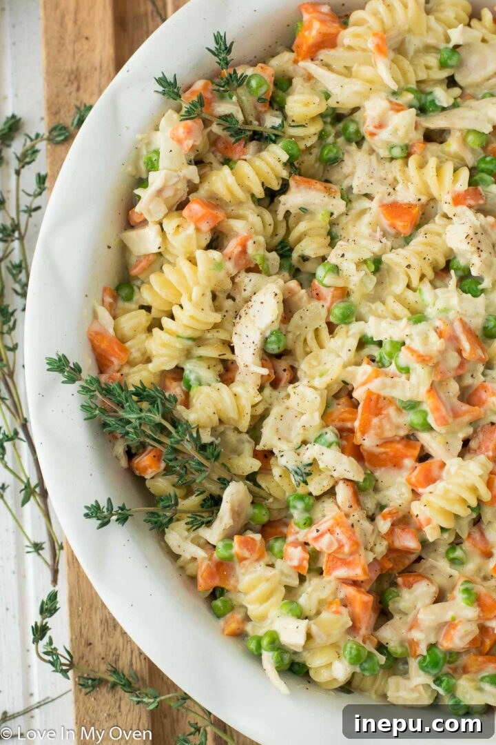 chicken pot pie pasta with fork