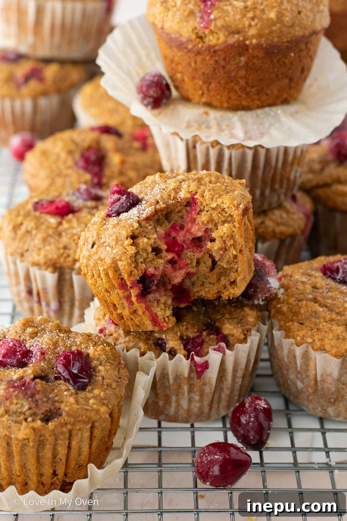 Close-up of a cranberry bran muffin showing its tender crumb and cranberries