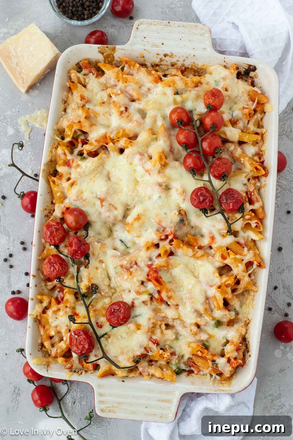 Cheesy Baked Veggie Pasta 2 Hearty and cheesy veggie pasta bake fresh from the oven, ready to serve