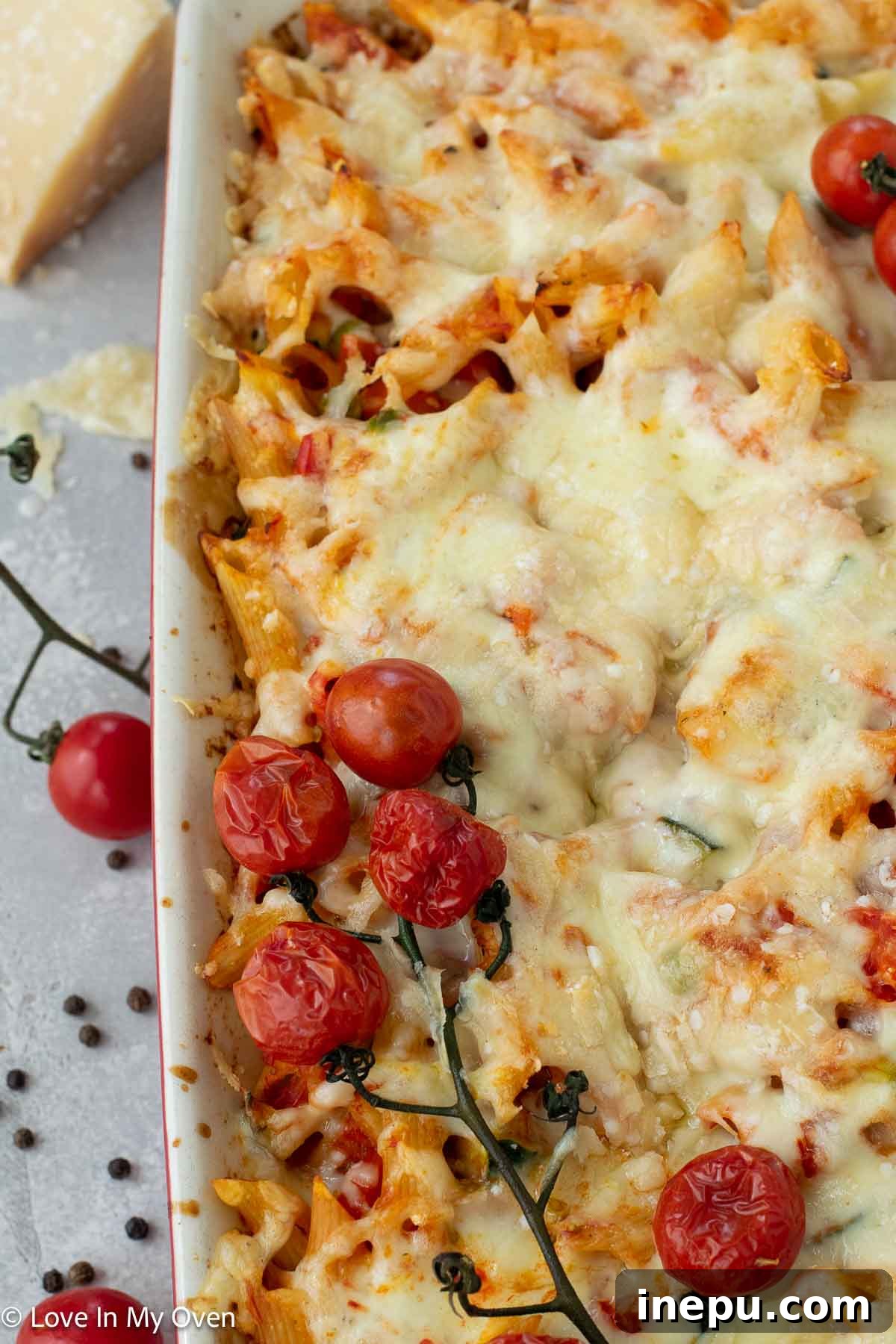 Cheesy Baked Veggie Pasta 6 Close-up of the bubbly, golden-brown cheesy topping on the veggie pasta bake