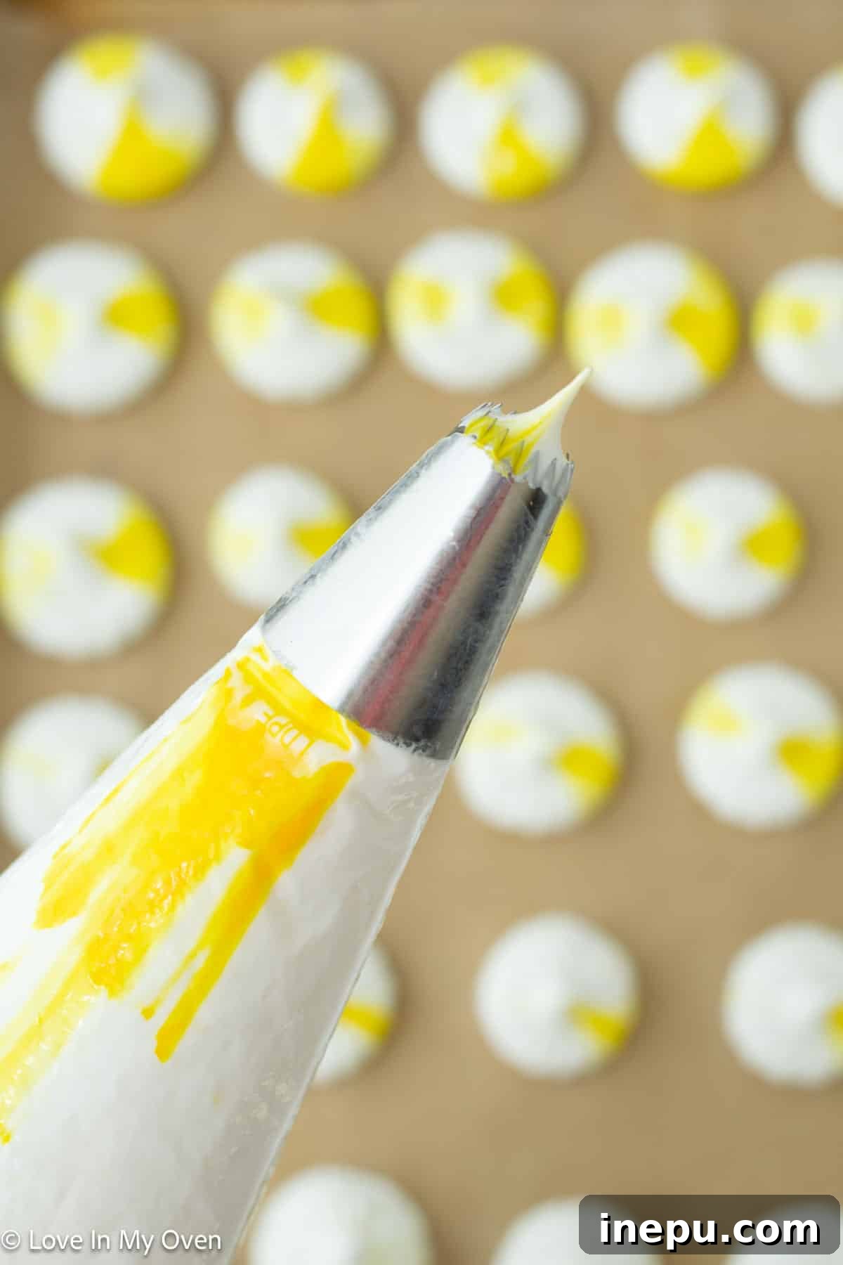 A piping bag being filled with meringue mixture, illustrating the gentle process.