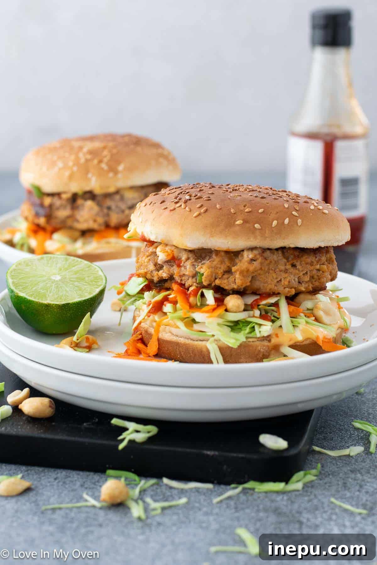 Overhead view of a perfectly assembled Thai Turkey Burger