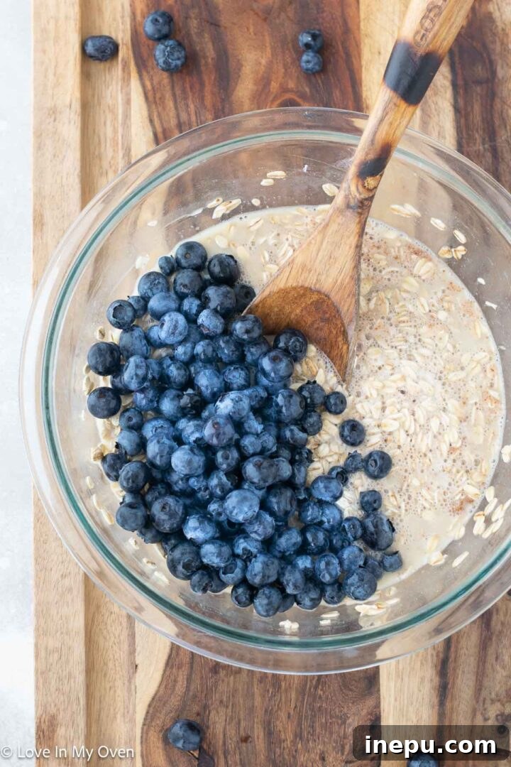Blueberry Oatmeal Bake 4 Mixing blueberry baked oatmeal ingredients