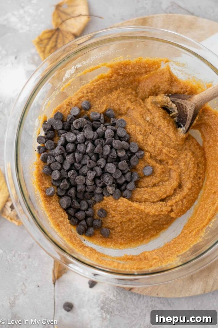 Close-up of muffin batter in a bowl with chocolate chips, ready for baking.
