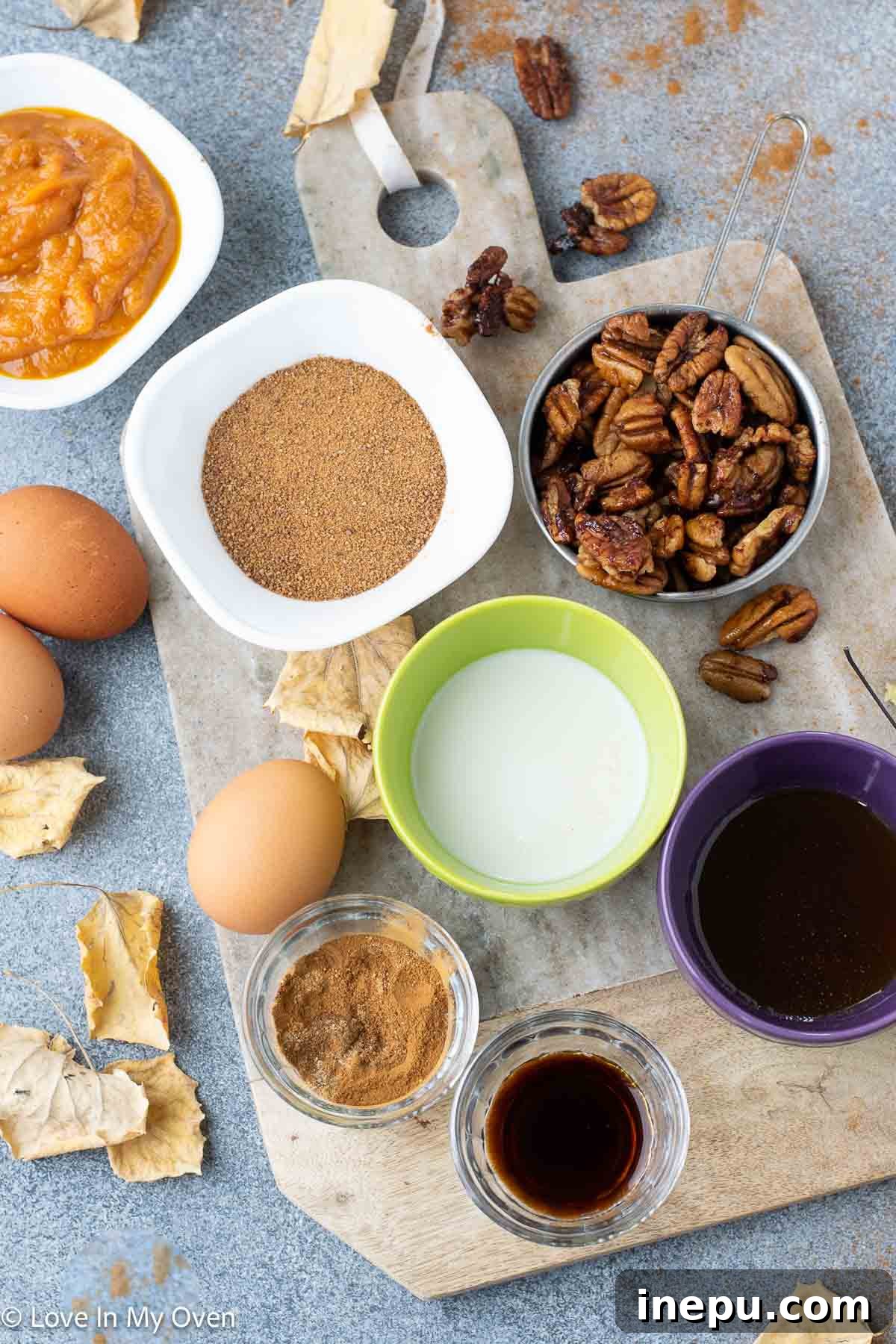 Silky Pumpkin Custard 3 Ingredients for crustless pumpkin pie laid out on a kitchen counter