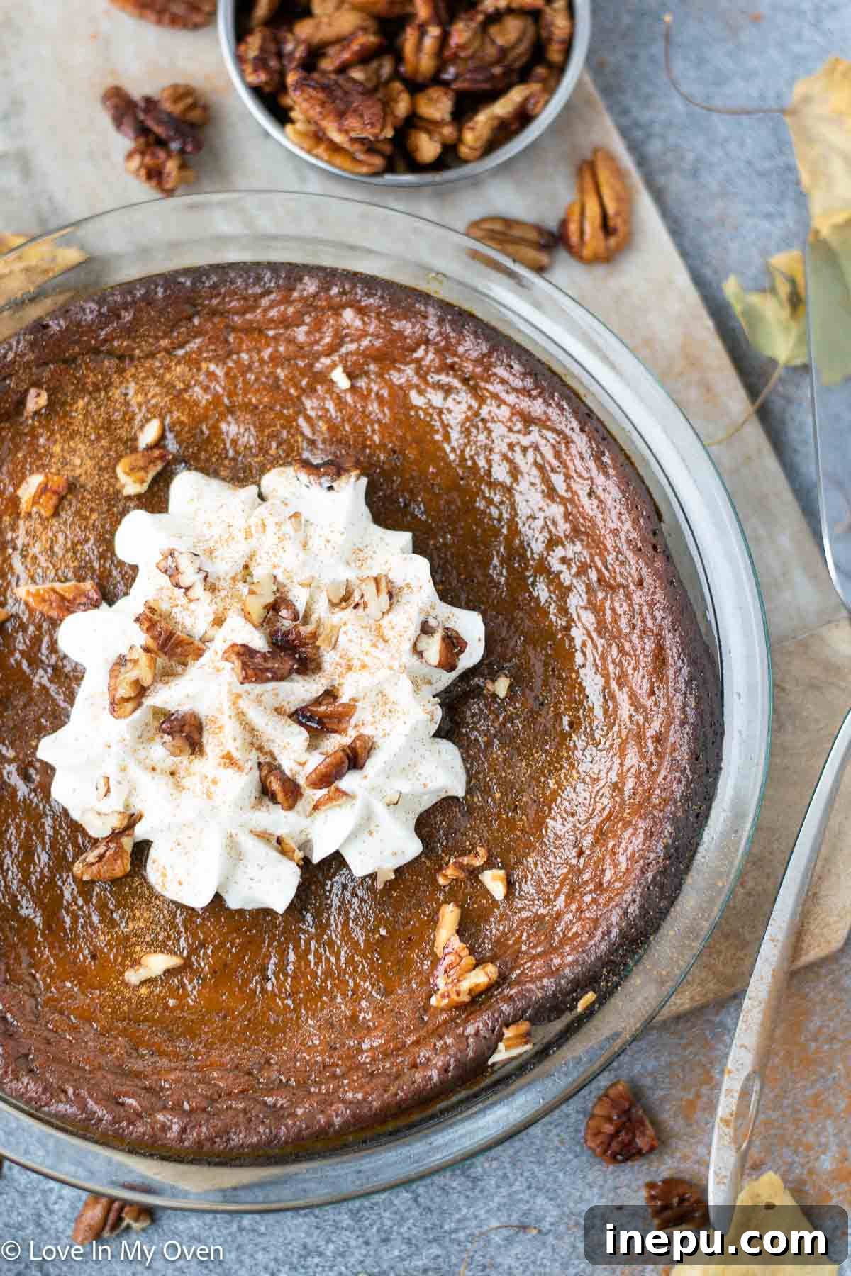 Silky Pumpkin Custard 4 A slice of crustless pumpkin pie topped with whipped cream and a sprinkle of cinnamon