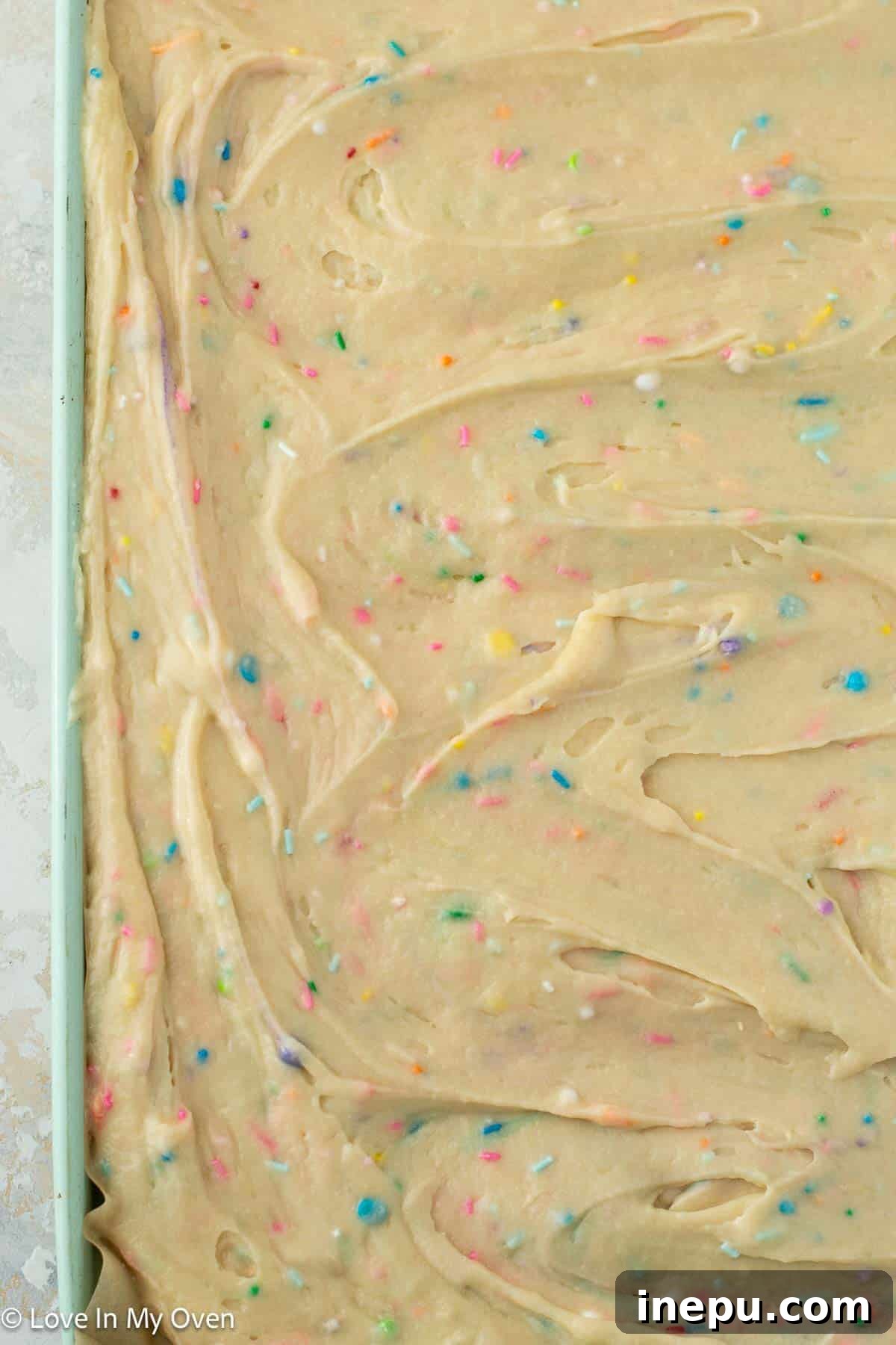 Sweet Stacks 7 Close-up of the perfectly baked sprinkle sheet cake ready for frosting.