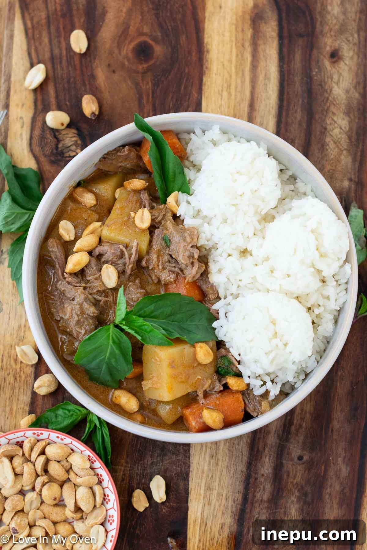 Massaman Beef Curry 12 A bowl of rich and creamy beef Massaman curry, ready to serve
