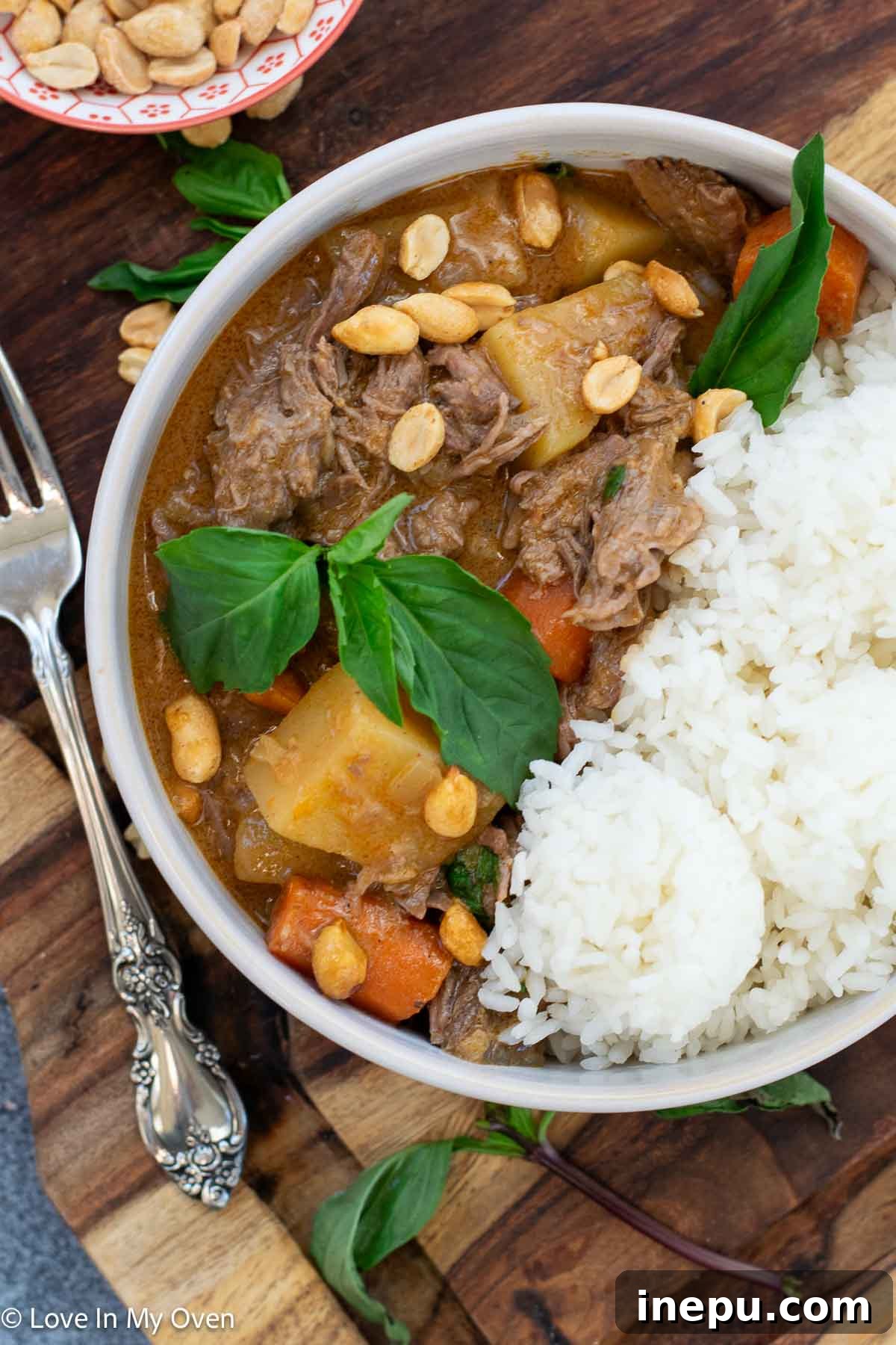Massaman Beef Curry 13 Close up view of the tender beef and vegetables in Massaman curry