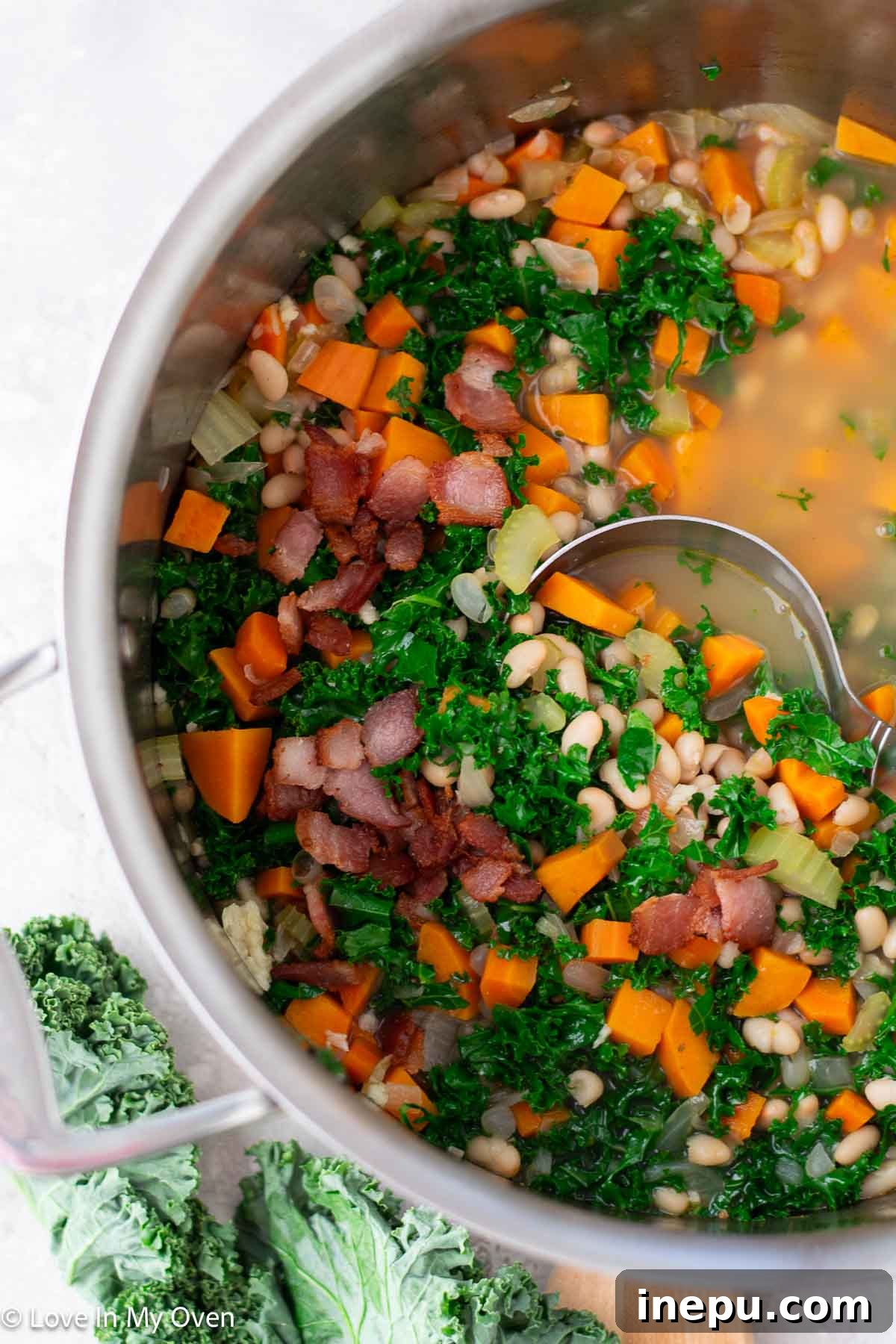 Sweet potato and white bean soup ready to be served