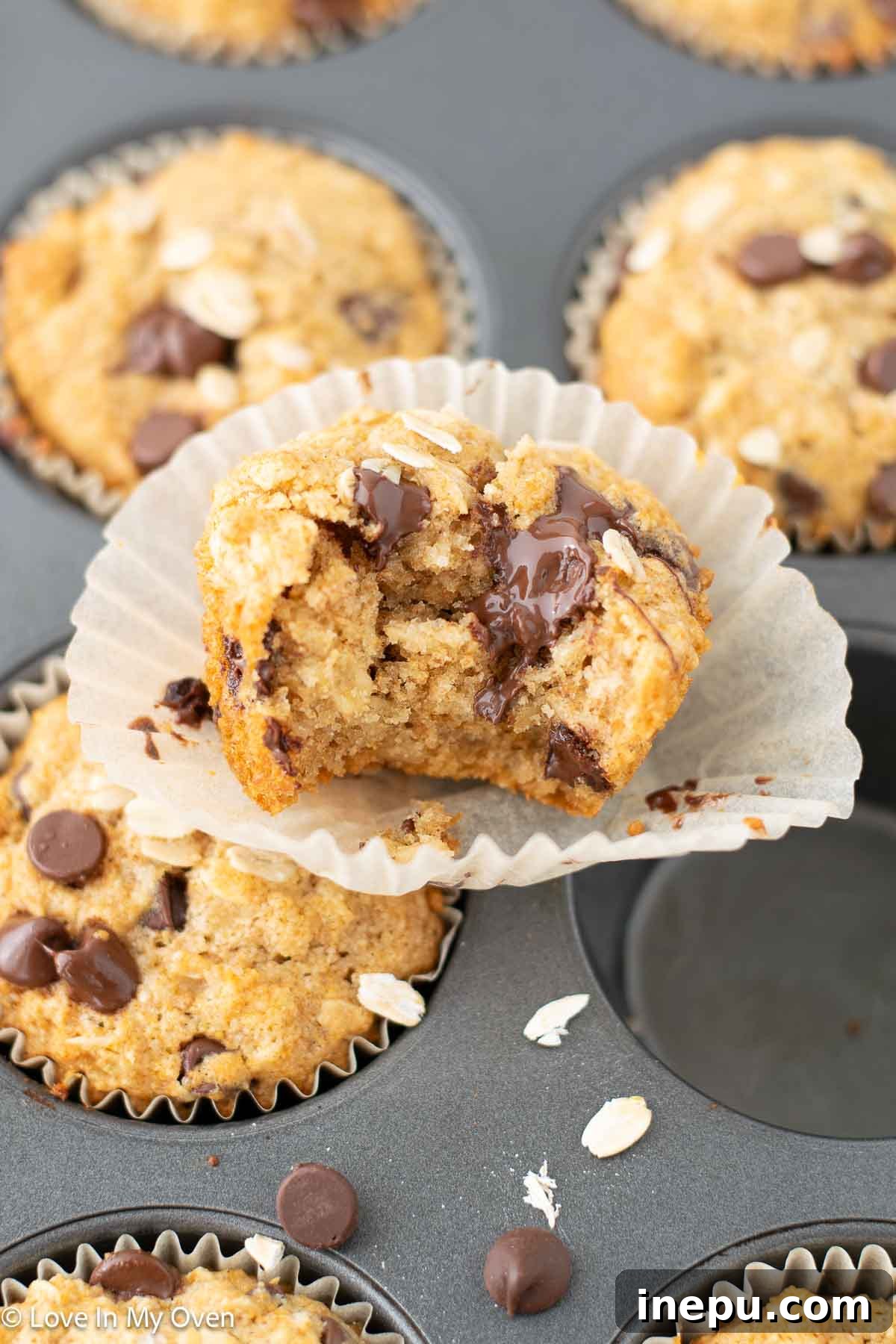 Healthier Oatmeal Chocolate Chip Muffins 9 Artfully arranged oatmeal chocolate chip muffins