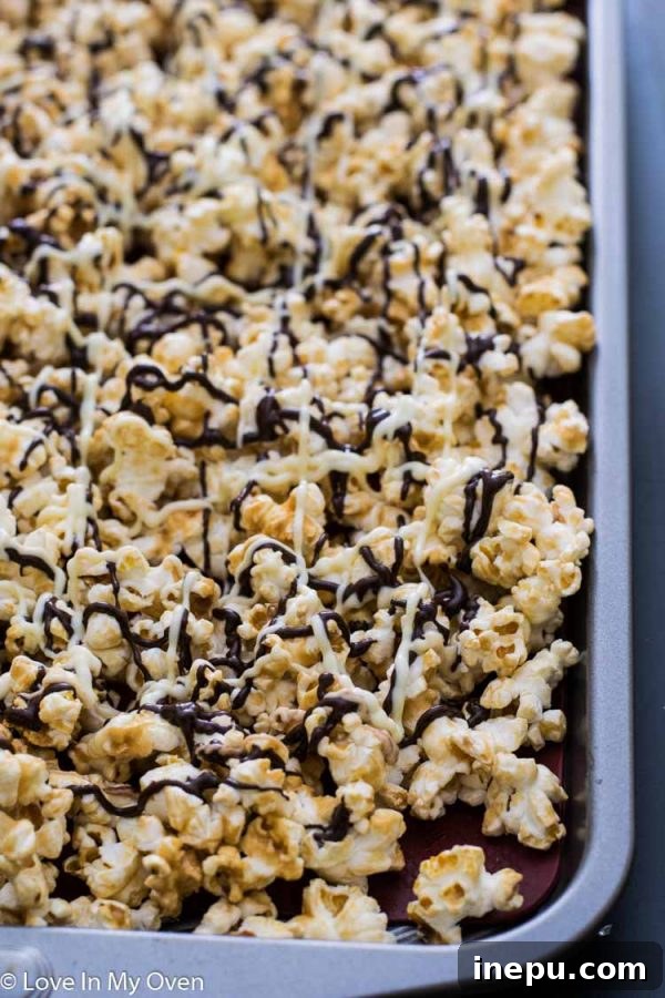 Monochrome Munchies 5 Close-up of black and white popcorn being drizzled with dark and white chocolate