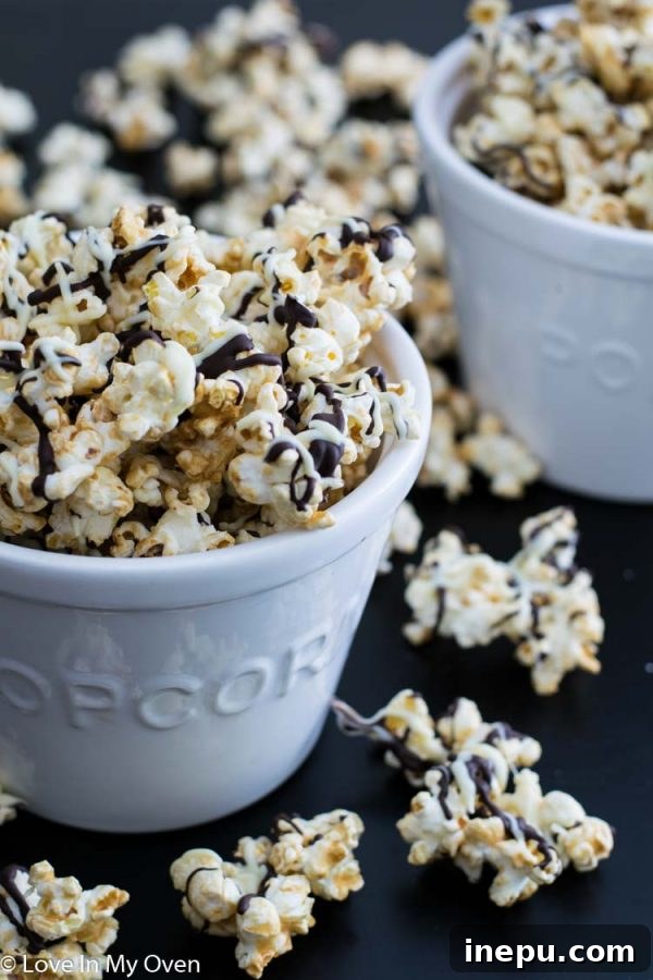 Monochrome Munchies 7 Serving dish filled with black and white chocolate drizzled popcorn