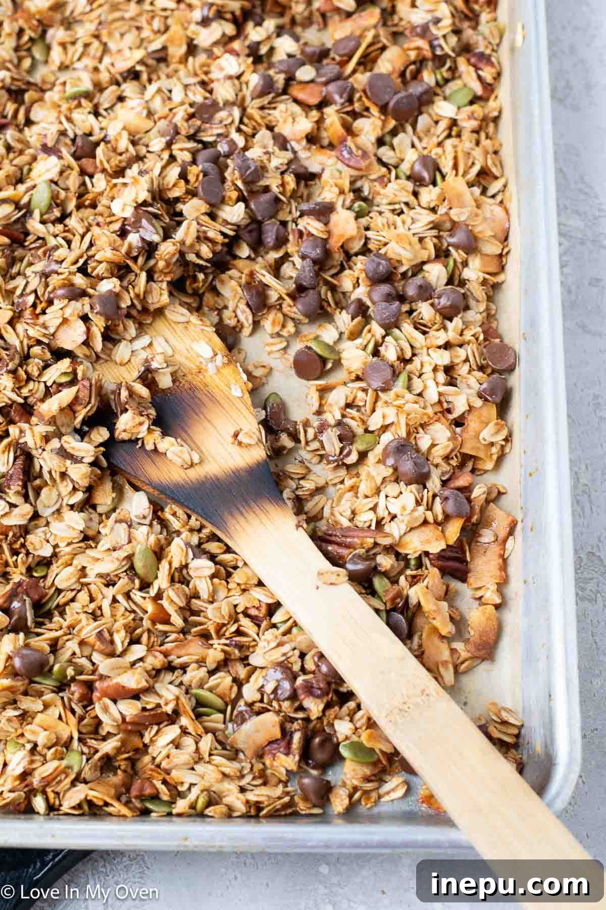 Close-up of baked pecan coconut granola