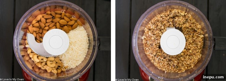 Ingredients being blended in a food processor for Larabars