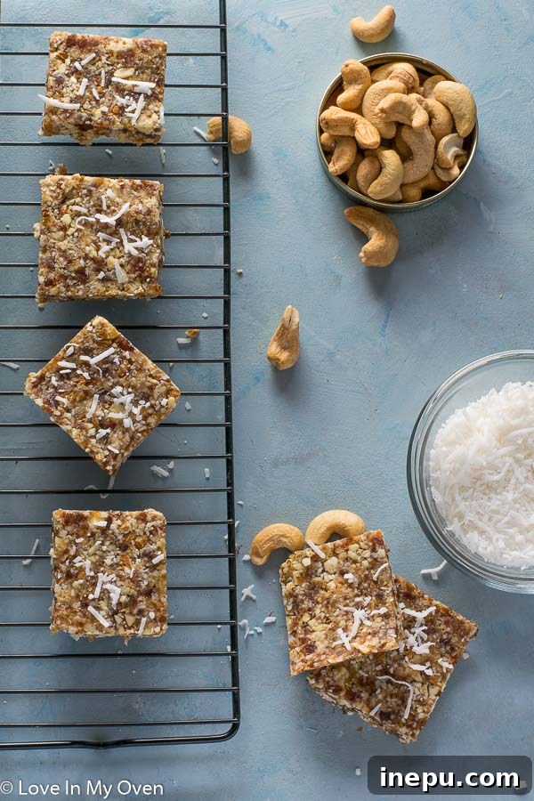 Arrangement of coconut cream Larabars with fresh coconut