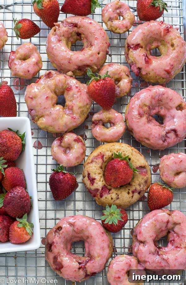Close-up of baked strawberry donuts ready for glaze