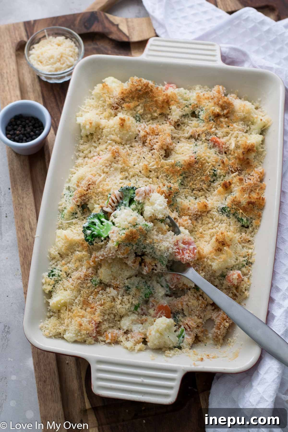 Creamy Vegetable Casserole with golden topping, ready to serve