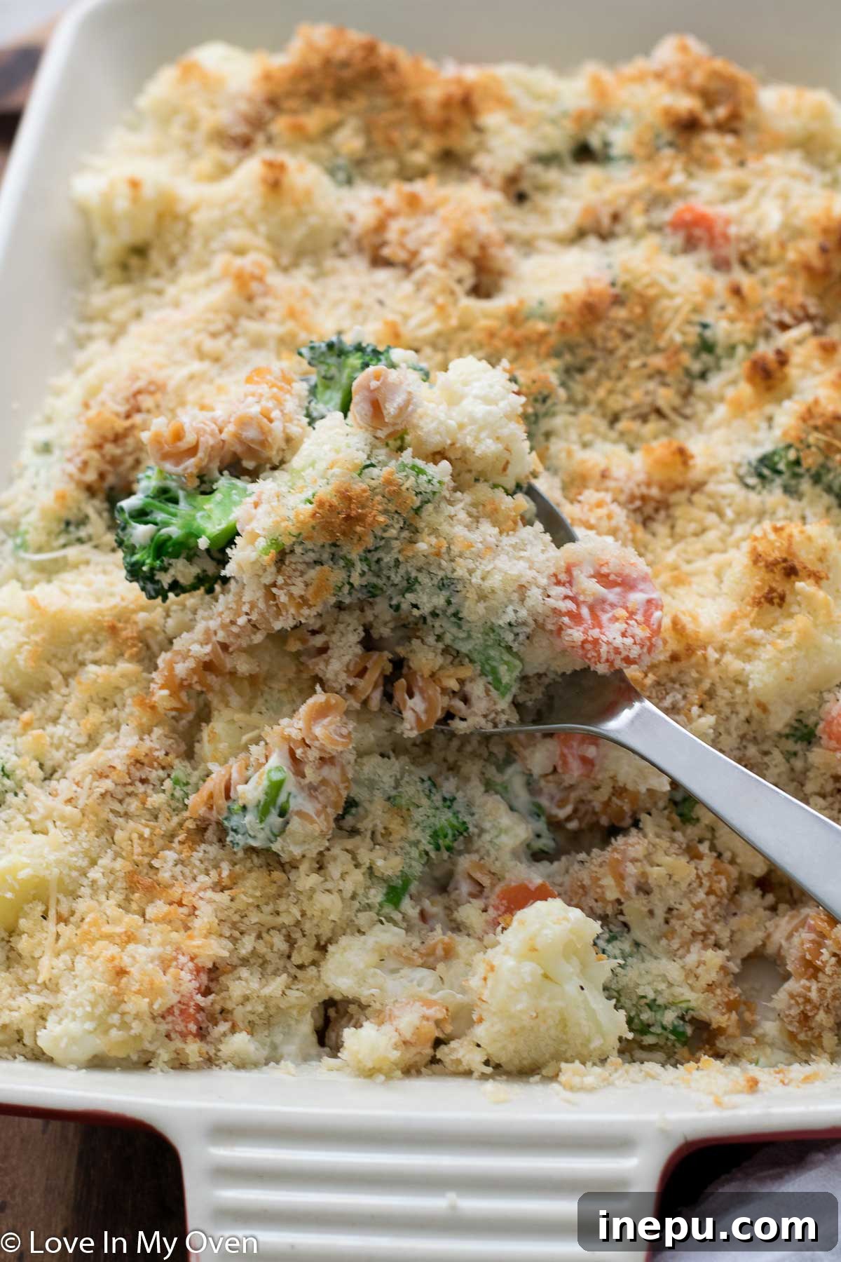 Close-up of a serving of creamy vegetable casserole