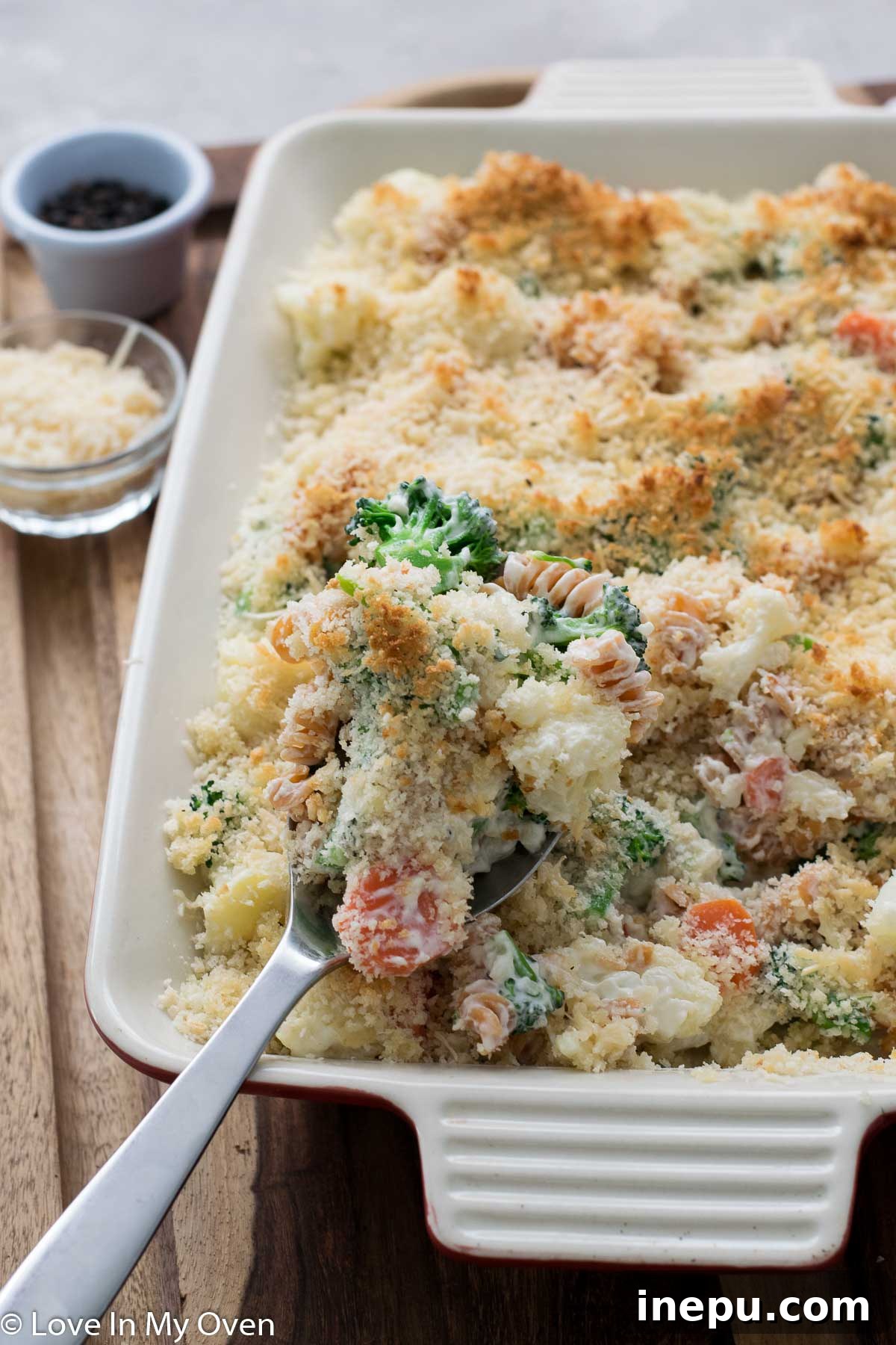 Full creamy vegetable casserole in a baking dish