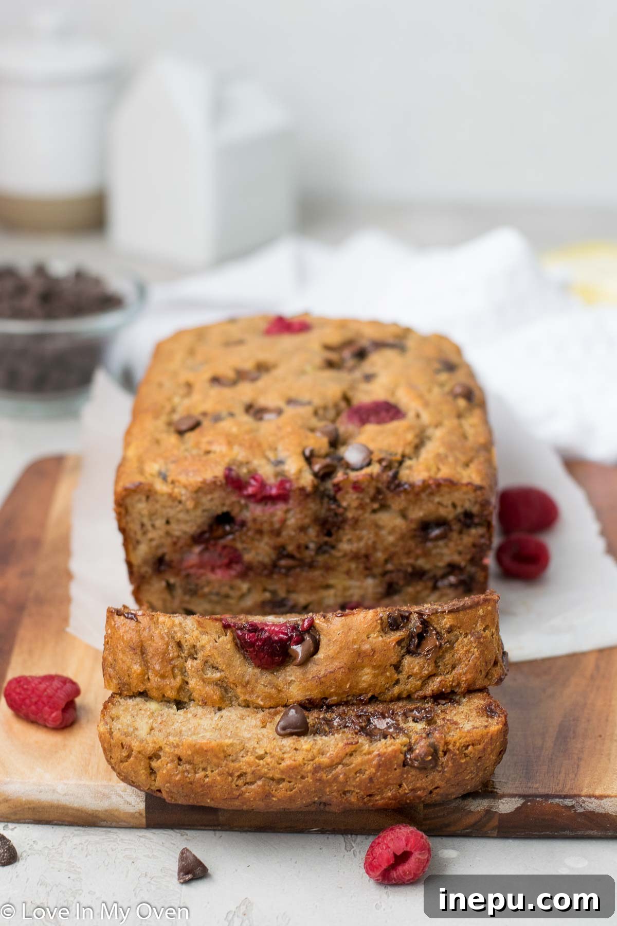 Moist Whole Wheat Raspberry Banana Bread with Dark Chocolate Chips