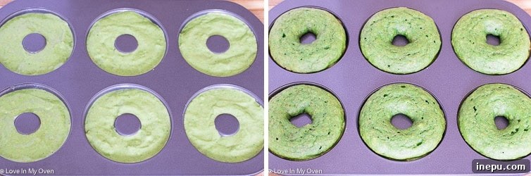 Goblin Green Baked Donuts 4 Close-up of baked green monster donuts in a nonstick pan