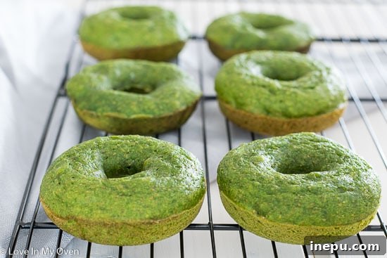 Goblin Green Baked Donuts 5 Green monster donuts cooling on a wire rack