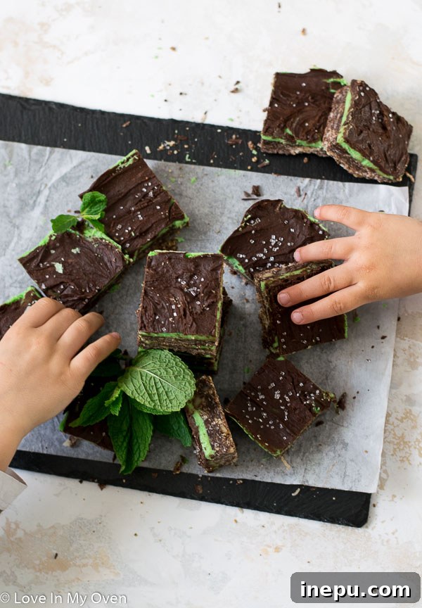 A selection of Mint Chocolate Nanaimo Bars presented on a modern white plate