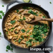 Thai Chicken Peanut Curry in a small bowl with a spoon