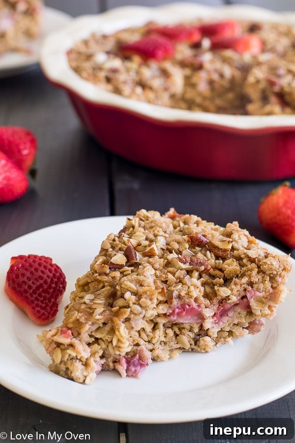 Strawberry Streusel Baked Oats 2 Golden-brown strawberry streusel baked oatmeal in a baking dish, garnished with fresh strawberries