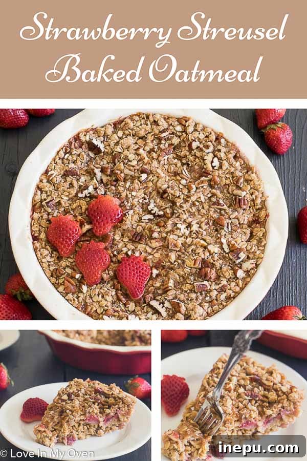 Strawberry Streusel Baked Oats 7 Close-up of a serving of strawberry streusel baked oatmeal, with a fork digging into the crumbly top