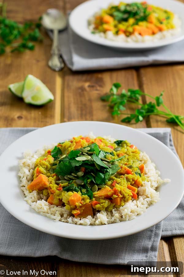 Fragrant Thai Coconut Lentils 3 Close-up view of the golden lentil curry, highlighting the creamy texture and visible pieces of vegetables.