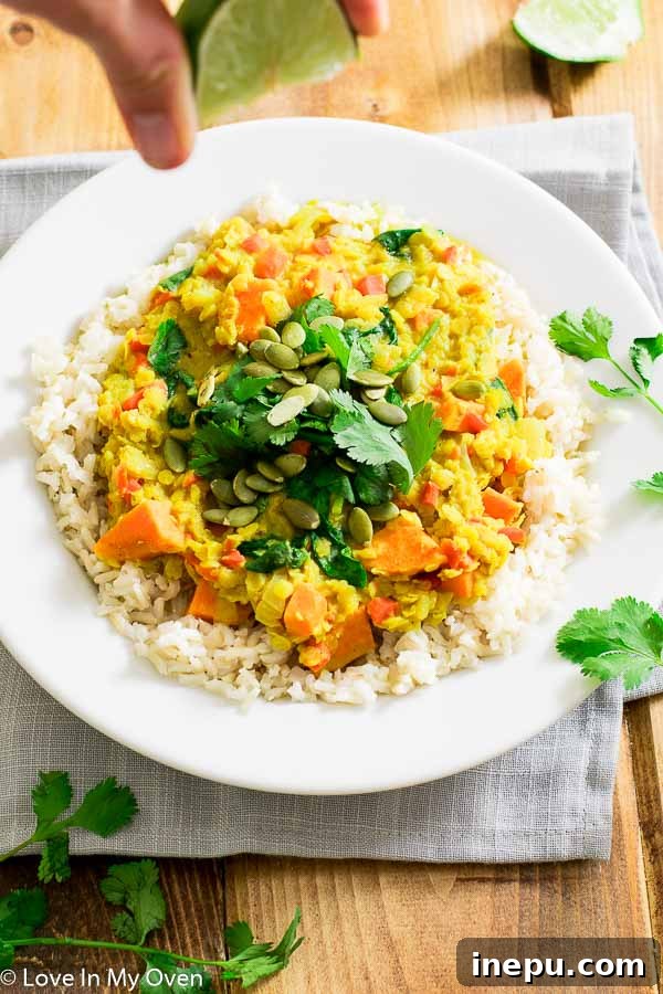 Fragrant Thai Coconut Lentils 4 A vibrant bowl of golden lentil curry, garnished with fresh herbs, ready to be enjoyed.
