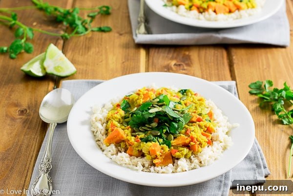 Fragrant Thai Coconut Lentils 7 A close-up shot of a serving of golden lentil curry, beautifully garnished with fresh cilantro and a lime wedge.