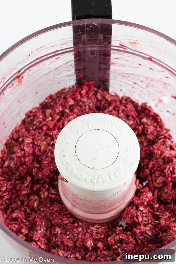 The blended raspberry coconut mixture after processing, displaying a beautiful pink hue and coarse texture, ready for chilling and shaping.