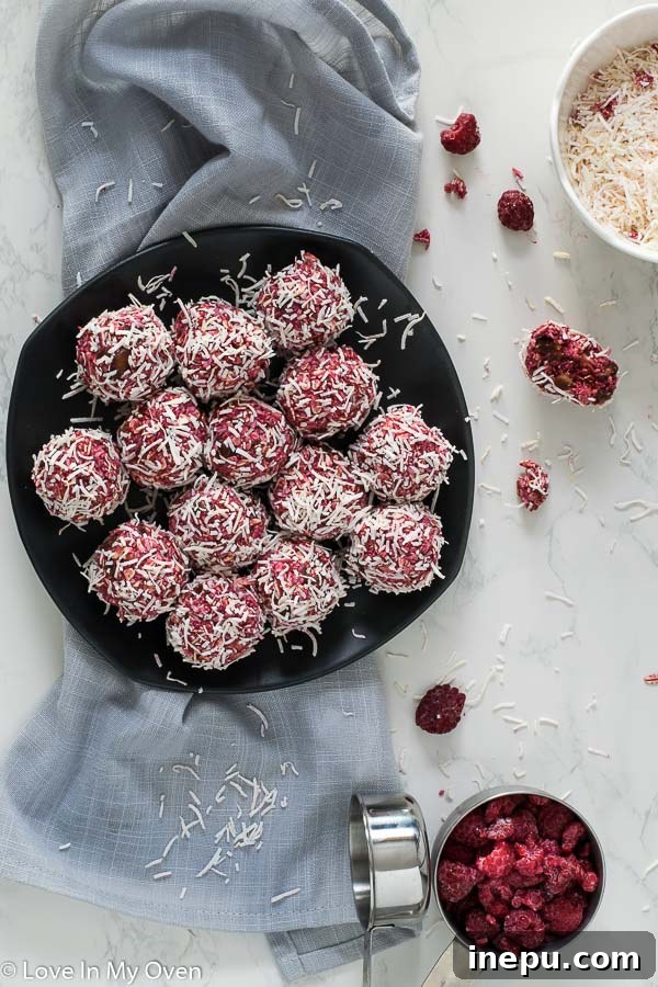 A final photo of the raspberry coconut bites on a rustic plate, garnished with fresh raspberries and vibrant mint leaves, showcasing their delicious appeal.