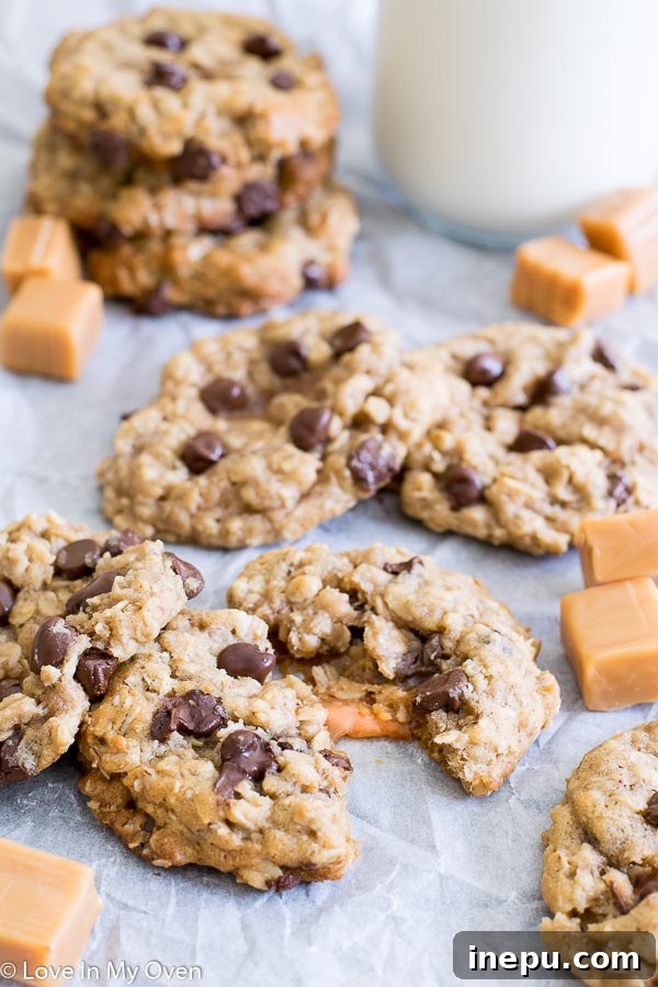 Caramel-Stuffed Oatmeal Treasures 2 Caramel-Stuffed Oatmeal Chocolate Chip Cookie