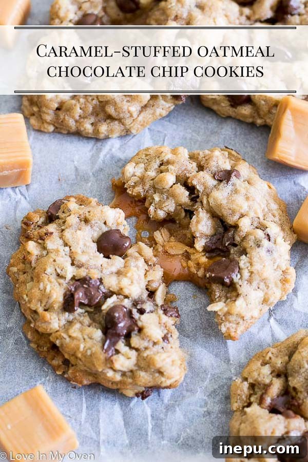 Caramel-Stuffed Oatmeal Treasures 10 Caramel-Stuffed Oatmeal Chocolate Chip Cookie, served warm