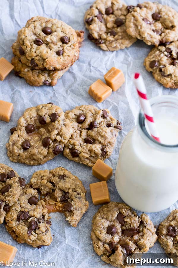 Caramel-Stuffed Oatmeal Treasures 3 Oatmeal Caramel Stuffed Cookies - A delightful treat with a gooey caramel center